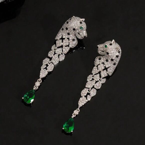 Sterling Silver Stud Panther Drop Earrings with Cubic Zirconia - Picture 5 of 12
